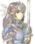  advent-lezard armor blue_armor blue_eyes breastplate feathers full_armor helmet lenneth_valkyrie long_hair pauldrons silver_hair solo sword valkyrie_profile weapon 