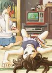  barefoot brown_eyes brown_hair controller famicom feet game_console game_controller glasses green_eyes green_hair highres kokeshi long_hair looking_at_viewer lying multiple_girls on_back original playing_games short_hair shorts sitting skirt smile soles television upside-down video_game yamanishi_masanori 