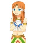  bare_shoulders blue_eyes bracelet crop_top gloves hair_tubes halter_top halterneck hands_on_own_chest headband humanization jewelry long_hair looking_at_viewer midriff navel open_mouth orange_hair simple_background skirt sleeveless solo sonic_the_hedgehog tikal_the_echidna tsuzuya_(knt31) white_background white_gloves 