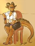  anthro blouse bracelet breasts cappuccino chair collar dragon ear_piercing eyewear female glasses green_eyes horn jewelry jolaris piercing pointy_ears scalie skirt teacher voluptuous wide_hips 