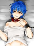  bare_shoulders blue_hair blush chain collar cuffs fangs looking_at_viewer loup-garou lying male_focus navel nipples on_back on_bed open_mouth orange_eyes shackles solo tears toriko toriko_(series) 
