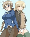  2girls bespectacled blonde_hair blue_eyes blush braid breast_envy breasts brown_hair cosplay costume_switch curvy glasses long_hair looking_at_breasts lynette_bishop momio multiple_girls no_glasses panties panties_under_pantyhose pantyhose perrine_h_clostermann single_braid staring_at_breasts strike_witches sweat thighhighs underwear uniform yellow_eyes 