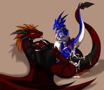  anthro belly black_belly black_stripes blue_dragon chubby crossdressing cum cum_in_ass cum_inflation cum_inside dragon duo excessive_cum firondraak gay inflation lying male morca_(character) on_back red_body scalie size_difference starsoul western_dragon wings 