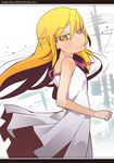  bad_id bad_pixiv_id bare_shoulders blonde_hair dress long_hair monogatari_(series) nisemonogatari oshino_shinobu solo yadokugaeru yellow_eyes 