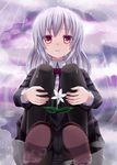  black_legwear crotch_seam flower looking_at_viewer md5_mismatch original panties panties_under_pantyhose pantyhose rain red_eyes silver_hair skirt smile solo tears tsukino_neru underwear 