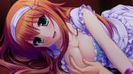  1boy 1girl :d blush breast_grab breasts brown_hair cleavage frills game_cg grabbing green_eyes hair_ornament hairband hairclip haruki_urara highres long_hair medium_breasts open_mouth saeki_hokuto smile 