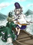  boat closed_eyes dress ghost_tail green_dress green_hair hat holding_hands japanese_clothes kariginu long_hair mononobe_no_futo multiple_girls ponytail short_hair silver_hair siroooo skirt smile soga_no_tojiko tate_eboshi touhou watercraft 