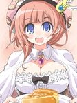  :d atelier_(series) atelier_rorona blue_eyes breasts brown_hair cake capelet cleavage food hat holding jewelry large_breasts naitou_kouse open_mouth pendant plate rororina_fryxell short_hair simple_background smile solo teeth white_capelet 