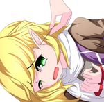  absurdres blonde_hair ear_cleaning green_eyes hands_on_own_chest highres lying merry_(diameri) mimikaki mizuhashi_parsee on_side open_mouth pointy_ears scarf shirt short_hair solo touhou upper_body wavy_mouth 