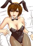  animal_ears bow bowtie breasts brown_eyes brown_hair bunny_ears bunnysuit cleavage couch detached_collar hamura_mayu large_breasts meiko pantyhose short_hair solo vocaloid wrist_cuffs 