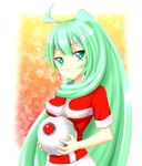  ball breasts cocomo_(suzaku) green_eyes green_hair highres impossible_clothes impossible_shirt inazuma_eleven_(series) inazuma_eleven_go inazuma_eleven_go_chrono_stone long_hair manto_(inazuma_eleven) shirt small_breasts soccer_ball soccer_uniform sphere_device sportswear tenmas very_long_hair 