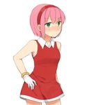  amy_rose bare_shoulders blush bracelet dress gloves green_eyes hairband hand_on_hip humanization jewelry looking_to_the_side nose_blush pink_hair pout red_dress short_dress short_hair simple_background skirt sleeveless solo sonic_the_hedgehog standing tsuzuya_(knt31) white_background white_gloves 