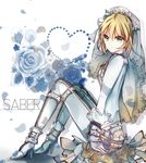  ahoge asagiri_chisato blonde_hair blue_flower blue_rose bodysuit fate/extra fate/extra_ccc fate_(series) flower gloves green_eyes heart high_heels nero_claudius_(bride)_(fate) nero_claudius_(fate)_(all) rose shoes sitting solo veil 