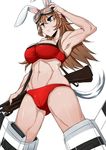  abs animal_ears arm_up armpits bikini blue_eyes breasts brown_hair bunny_ears charlotte_e_yeager goggles goggles_on_head hand_on_goggles highres komusou_(jinrikisha) large_breasts long_hair muscle muscular_female navel red_bikini solo strike_witches striker_unit swimsuit world_witches_series 