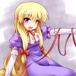  blonde_hair blush breasts cleavage dress elbow_gloves gloves hair_ribbon highres long_hair looking_at_viewer medium_breasts no_hat no_headwear open_mouth outstretched_arm purple_dress purple_eyes ribbon sitting smile solo touhou white_gloves yakumo_yukari yoshihiro-m 