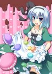  alternate_costume apron bad_id bad_pixiv_id black_hairband blue_eyes blush bow bowtie dress food fujisaki_kaon hairband jewelry konpaku_youmu macaron necklace short_hair silver_hair solo touhou waist_apron 