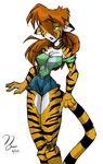  clothing collar feline female green_eyes hair mammal pilot_(artist) shorts solo tiger 