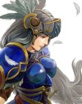  armor blue_armor blue_eyes breastplate feathers full_armor helmet highres lenneth_valkyrie long_hair norihiro_(tsu-mukimuki) pauldrons sheath sheathed silver_hair solo sword valkyrie_profile weapon 