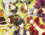  abs azai_nagamasa_(sengoku_basara) black_hair brown_hair chousokabe_motochika_(sengoku_basara) circle_formation closed_eyes date_masamune_(sengoku_basara) eyepatch gloves green_background headband long_hair maeda_keiji male_focus mamipo messy_hair monkey mouri_motonari_(sengoku_basara) multiple_boys ponytail sanada_yukimura_(sengoku_basara) sengoku_basara sleep_mask sleeping smile white_hair yumekichi 