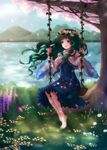  bad_id bad_pixiv_id barefoot blue_eyes cherry_blossoms detached_sleeves dress flower frog_hair_ornament green_hair hair_ornament hair_tubes head_wreath kochiya_sanae lake lavender_(flower) long_hair nunucco open_mouth petals sitting snake solo swing touhou 