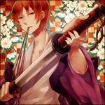  bad_id bad_pixiv_id fate/zero fate_(series) flower highres japanese_clothes katana male_focus psychedelic_amatou red_eyes red_hair solo sword uryuu_ryuunosuke weapon 