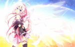  bare_shoulders blue_eyes braid haru_aki highres ia_(vocaloid) long_hair looking_at_viewer off_shoulder open_mouth pink_hair skirt solo thighhighs twin_braids very_long_hair vocaloid wings zettai_ryouiki 