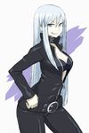  :p belt bodysuit breasts center_opening chan_co choker cleavage cowboy_shot devil_summoner highres lipstick long_hair looking_at_viewer makeup medium_breasts megami_tensei nail_polish nemissa pale_skin seductive_smile silver_eyes silver_hair smile solo soul_hackers tongue tongue_out 