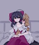  ascot bad_id bad_pixiv_id blonde_hair blush bow hair_bow hair_tubes hakurei_reimu hug hug_from_behind kirisame_marisa long_hair mizuga multiple_girls off_shoulder touhou yuri 