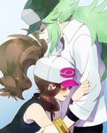  1girl baseball_cap blush bream-tan brown_hair couple green_hair hat height_difference hetero highres long_hair n_(pokemon) poke_ball_print pokemon pokemon_(game) pokemon_bw ponytail profile tears touko_(pokemon) vest wristband 