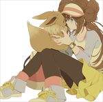  bag black_legwear brown_hair double_bun eevee gen_1_pokemon green_eyes komasawa_(fmn-ppp) legwear_under_shorts long_hair mei_(pokemon) pantyhose pokemon pokemon_(creature) pokemon_(game) pokemon_bw2 raglan_sleeves ribbon shoes shorts sitting sneakers twintails visor_cap watch white_background wristwatch 