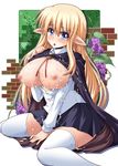  blonde_hair blue_eyes blush breasts breasts_outside cape cloak cover cum cum_on_body cum_on_breasts cum_on_clothes cum_on_upper_body doujinshi elf food fruit grapes highres large_breasts long_hair nipples open_clothes open_mouth pointy_ears school_uniform shinshin sitting skirt solo thighhighs tiffania_westwood white_legwear zero_no_tsukaima 