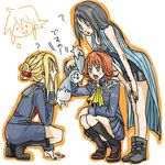  3girls black_hair blonde_hair blue_eyes boots brown_hair coat final_fantasy final_fantasy_viii green_eyes lowres luke_fon_fabre mieu multiple_girls open_mouth quistis_trepe rinoa_heartilly selphie_tilmitt shoes skirt socks tales_of_(series) tales_of_the_abyss 