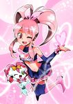  ;d black_legwear boots bow bridal_gauntlets brooch creature earrings eyelashes frills full_body heart jewelry midriff navel one_eye_closed open_mouth original pink_background pink_bow pink_eyes pink_footwear pink_hair precure sasagawa_kureo short_hair skirt smile thighhighs twintails 