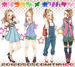 ;) blue_eyes brown_hair casual costume_chart cup dated dekomegane dress drinking_straw eyebrows eyewear_strap fashion forehead glasses hair_ornament hairband hairclip hands_in_pockets headband high_heels holding multiple_girls multiple_persona no_socks off-shoulder_shirt one_eye_closed original overalls pants pants_rolled_up pantyhose ponytail sasetsu scrunchie shirt short_eyebrows shorts smile socks star translation_request 