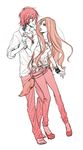  1boy 1girl bare_shoulders belt bianchi breasts brother_and_sister cross g_(reborn) gokudera_hayato katekyo_hitman_reborn! long_hair monochrome necktie pixiv_thumbnail resized shoes short_hair tattoo yoruai 