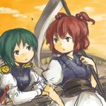  brown_eyes green_hair hair_ornament headwear_removed lowres multiple_girls onozuka_komachi red_hair scythe shiki_eiki short_hair siroooo touhou two_side_up 