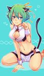  animal_ears aquarion_(series) aquarion_evol blue_eyes breasts cat_ears cat_tail cleavage cleavage_cutout green_hair highres kemonomimi_mode large_breasts midriff navel shishina short_hair short_shorts shorts sitting solo tail wariza zessica_wong 