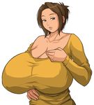  1girl breasts brown_eyes brown_hair cleavage female gigantic_breasts lips milf short_hair simple_background solo standing sugata_(artist) upper_body white_background 