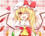  ;d ascot blonde_hair blush flandre_scarlet hat laughing long_hair looking_at_viewer one_eye_closed open_mouth red_eyes short_hair side_ponytail smile solo touhou wings wrist_cuffs yuria_(kittyluv) 