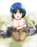  blue_hair breast_hold breasts brown_eyes cleavage full_body hanamutsuki large_breasts open_mouth ranma_1/2 short_hair solo squatting tendou_akane wet 