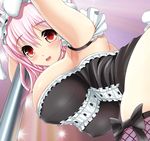  animal_ears armpits bad_id bad_pixiv_id bare_shoulders black_leotard blush breasts bunny_ears buttons fake_animal_ears fishnets frills headdress large_breasts leotard long_hair nitroplus open_mouth pink_hair pole pole_dancing red_eyes ribbon solo sparkle stripper_pole super_sonico thighhighs v-mag 