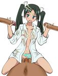  black_hair blush bukkake cum cum_on_clothes dark_hair facial fang francesca_lucchini gangbang green_eyes group_sex handjob highres multiple_penises nipple nipples open_clothes open_shirt panties penis pussy sex shirt strike_witches twintails uncensored underwear 