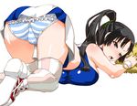  akiyama_mio all_fours ass bare_shoulders bent_over black_eyes black_hair blue_panties breast_press breasts cheerleader frills k-on! large_breasts long_hair midriff open_mouth panties pom_poms ponytail round_teeth shinama shoes simple_background sneakers solo striped striped_legwear striped_panties tears teeth thighhighs top-down_bottom-up underwear vertical-striped_legwear vertical_stripes white_background wristband 