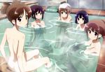  absurdres artist_request atarashi_ako bath covering hair_up highres matsumi_kuro matsumi_yuu multiple_girls nude nude_cover official_art onsen partially_submerged sagimori_arata saki saki_achiga-hen siblings sisters sitting takakamo_shizuno towel towel_on_head 