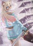  2019 anthro blonde_hair blue_eyes braided_hair butt butt_pose cat clothed clothing detailed_background digital_media_(artwork) feline female hair haurin holding_object holding_weapon katana legwear mammal melee_weapon pink_hair smile solo standing sweater sword thigh_highs weapon 