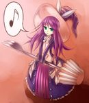  dress duel_monster eighth_note fork green_eyes hat madolche_magileine musical_note purple_hair solo speech_bubble spoken_musical_note sukumo_(kemutai) witch_hat yuu-gi-ou 