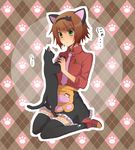  animal_ears black_legwear brown_hair cat cat_ears green_eyes hairband kawamura_raichi necktie outline paw_print rita_mordio sitting skirt solo tales_of_(series) tales_of_vesperia thighhighs wariza 