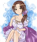  bow brown_eyes brown_hair collarbone dress flower hair_ornament idolmaster idolmaster_cinderella_girls kawashima_mizuki nerotarou@seven smile solo 