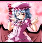  blue_hair fang flower hat letterboxed looking_at_viewer mob_cap pov red_eyes remilia_scarlet sd-sos smile solo sparkle touhou wings wrist_cuffs 