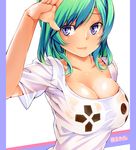  amasora_taichi blue_eyes breasts cleavage green_hair highres large_breasts lips original pillarboxed see-through see-through_silhouette shiny shiny_skin shirt skindentation smile solo upper_body 